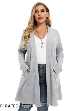 Oversized Knit Cardigan Sweater Open Front Lightweight Long Sleeve with Pockets